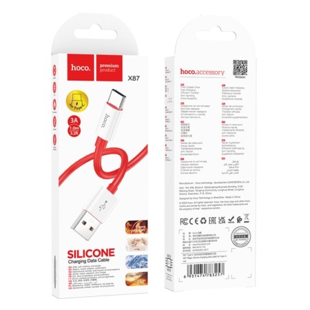 Hoco X87, Type -C cable - USB, 3 A, 1 m, silicone braid, red-4