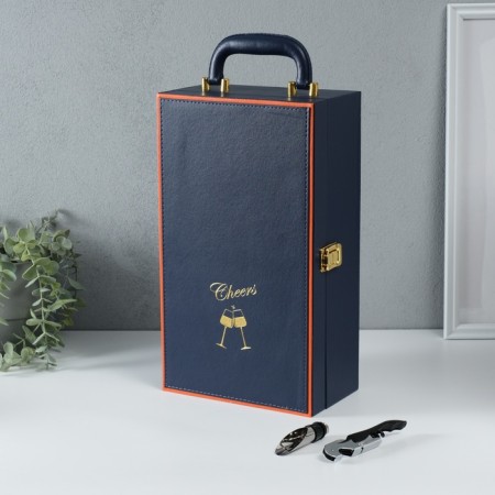 Casket wood, leatherette for 2 bottles "Nicole" Blue 2 objects 11.5x20.5x37 cm