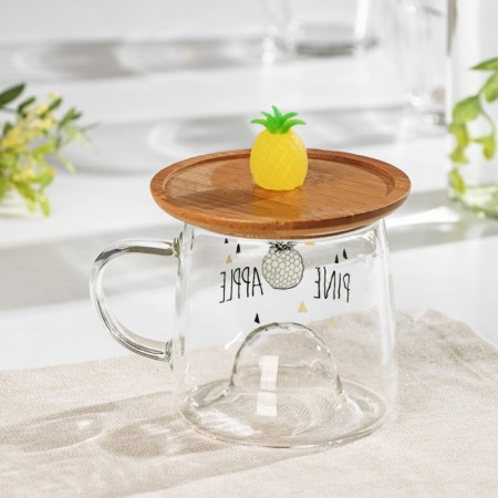 Glass mug with wooden cover "Pineapple", 300 ml-3