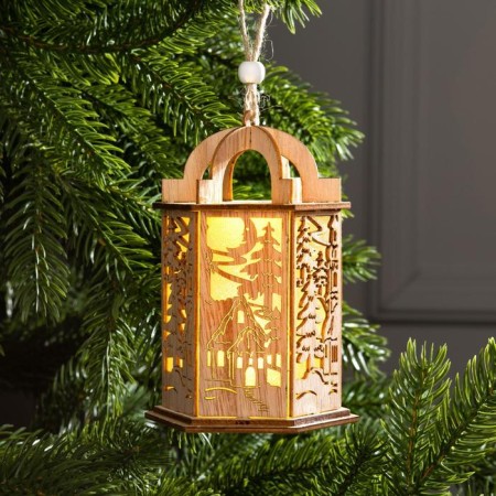 Christmas tree toy "Lantern with a house", from batteries, a glow of warm white