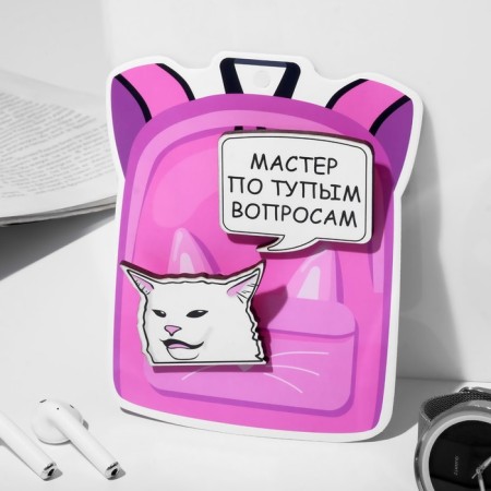 A set of brooches of wooden (2 pcs.) "Backpack" a cat, white color-1