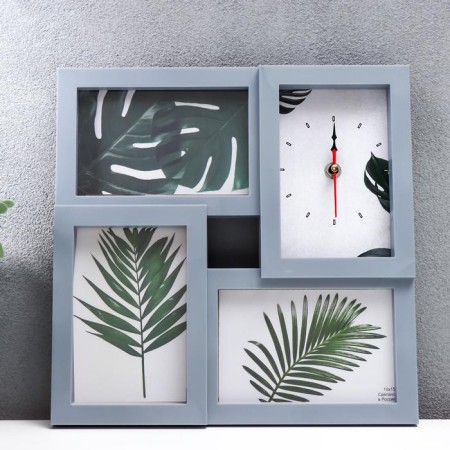 Photo frame with the clock "lovely" 3 photos, silver