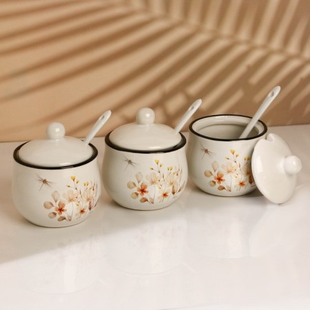 A set of ceramic cans for spices on a metal stand “Flowers”, 200 ml, 3 pcs, white color-5
