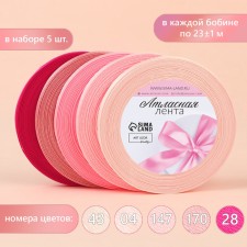 A set of satin ribbons, 5 pcs, size 1 tape: 6 mm × 23 ± 1 m, color pink spectrum