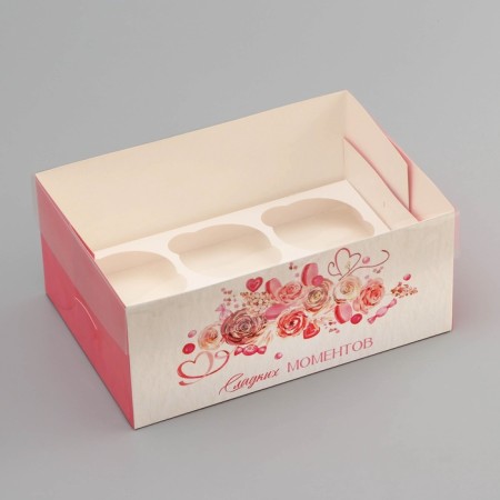 Box for 6 cupcakes with a transparent lid, "sweet moments", 23 × 16 × 10 cm, confectionery packaging-1
