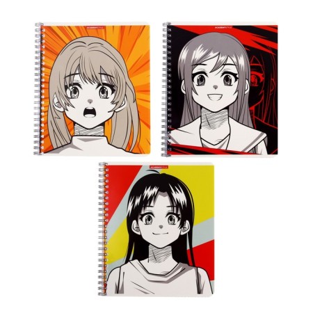 A notebook of 60 sheets in a cage on an anime crest, cover coated cardboard, UV varnish, OFSET block, mix