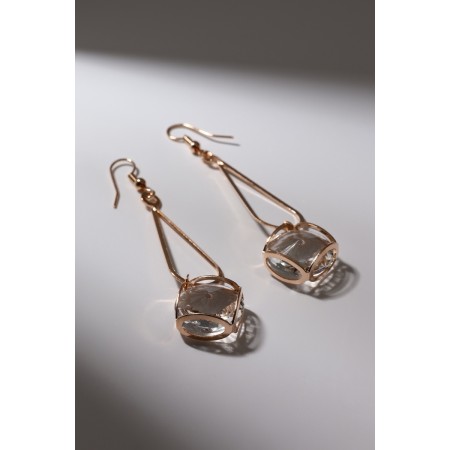 Hanging earrings with rhinestones "drop with a rhombus", white color in pink gold, 7.2 cm-4
