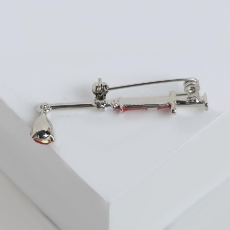 Brooch "syringe" Medical, red color in silver-2