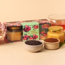 Set “Follow the Dream”: Tea Black Taste: Tropical 50 g, coffee ground tastes: forest nut 50 g, creamless cream with apricot 120 g.