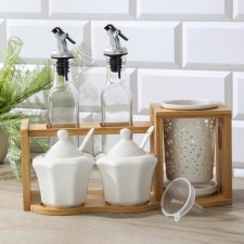 Ceramic serving set on the Estet wooden stand, 5 items: 2 saucepan 300 ml, 2 sucks 260 ml, glass, 2 spoons, white color