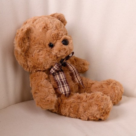 Soft toy "Bear" with a checkered bow, 30 cm, brown color-2
