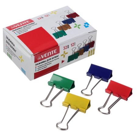 Paper clamps 32 mm, 12 pieces, Devente, metal, mix x 4 colors, cardboard box