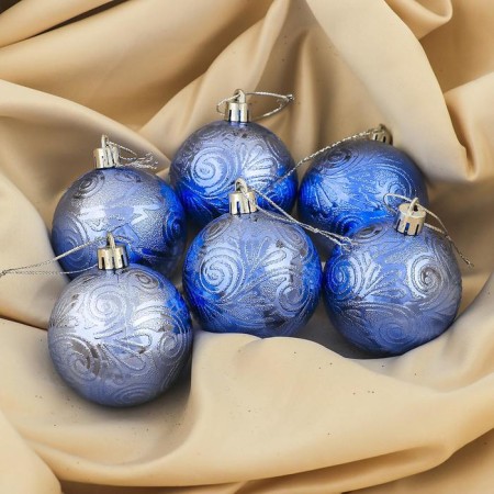 Set of balls plastic D-6 cm, 6 pcs "Lace Patter" Blue-1