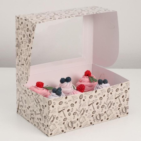Packaging for 6 cupcakes with the Coffee window, 25 x 17 x 10 cm