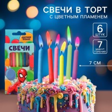 A set of candles in a cake 6 pieces, with a colored flame, Spider-Man