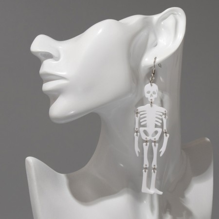 Acryl Earrings "Halloween" skeletons, white color in silver-2