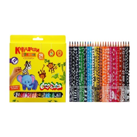 Pencils 24 colors "Zoo" Kalyaka-Malyak, trihedral, with print on the case, tree