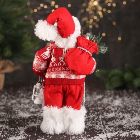 Santa Claus "In a sweater with deer and flashlight" 30 cm, white-red-2