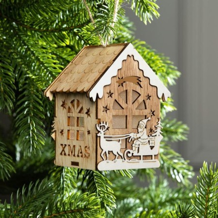 Christmas tree toy "House with Santa Claus on the sled", from batteries, glow warm white-1