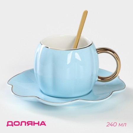 Tea couple ceramic "flower", 3 objects: a cup 240 ml, a saucer d = 16 cm, a spoon, the color of the blue