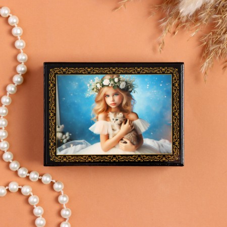 Casket "Girl with a kitten", black, 8 × 10.5 cm, lacquer miniature-2
