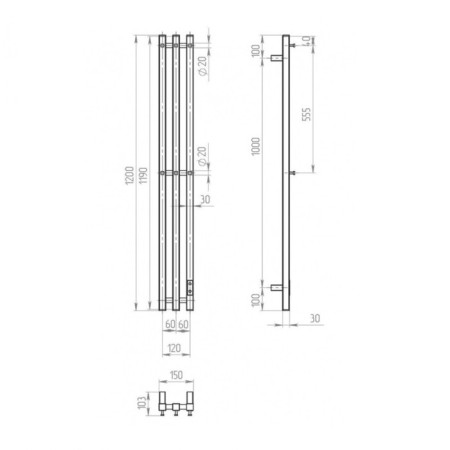 The electric heated towelputor "Dvin" X-3 Neo, 1200x120 mm, 1 "-1/2", black dimmer black-2