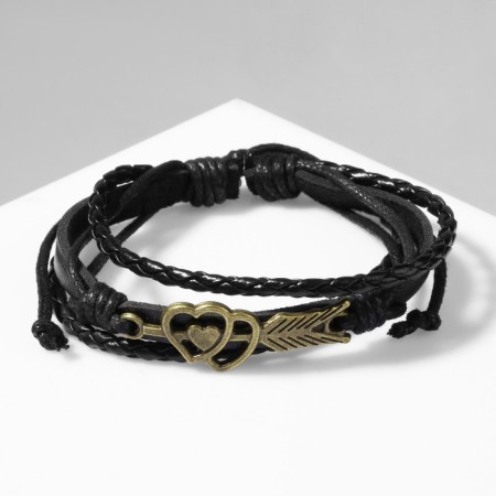 Bracelet Leather "Style" Two hearts, black color with black gold, D = 7.5 cm-1