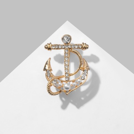 Brooch "Anchor" with beads, white color in gold-2