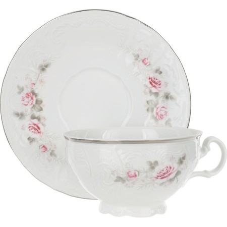 Cup 360 ml with a saucer 180 mm low bernadotte, decor "Pale roses, platinum layout"-1