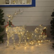 LED figure “Deer with slender sleigh”, deer: 50 × 85 × 18 cm, sleigh: 70 × 43 × 22 cm, metal, 220 V, glow warm white