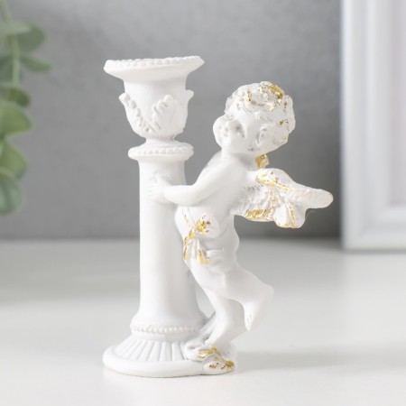 Polystone candlestick for 1 candle "Angel on a column" D-1.2 cm white with gold 9.8x8x7 cm-4