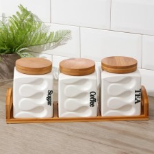 A set of ceramic cans for bulk products on a wooden stand “Estet. Waves 