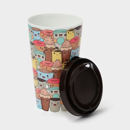 A plastic glass with a “izi-go” lid, 550 ml, 9.3 × 9.1 × 15.8 cm, a mix decor, a dark brown color-3