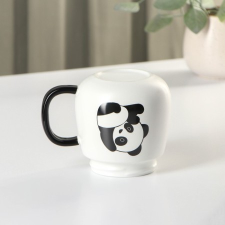 Ceramic mug with a Panda plastic lid, 400 ml, white and black color-4