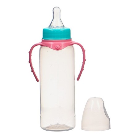 A bottle for feeding, classic throat, 250 ml., 0 months, cylinder, with handles, turquoise/pink color-4