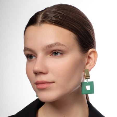Earrings Assorted Azelia Square, green color in gold-5