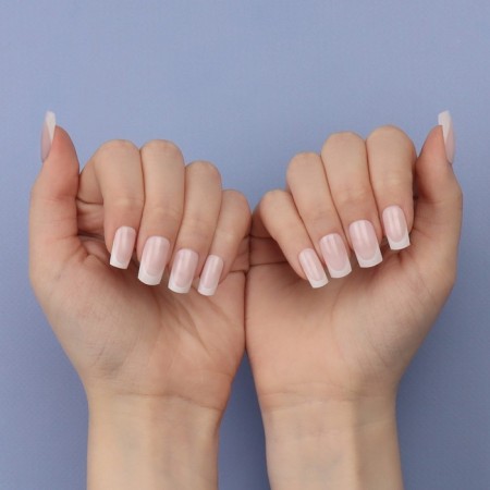 Classic French overhead nails, 24 pcs, with adhesive plates, soft square shape, pale pink/white color-12