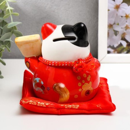 Piggy bank Ceramics "Maneki-Neko Red with fan" 11x10.5x9.5 cm-2