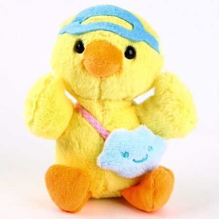 Soft toy "Duckling with a bag" on a key fob, 12 cm, yellow color-1