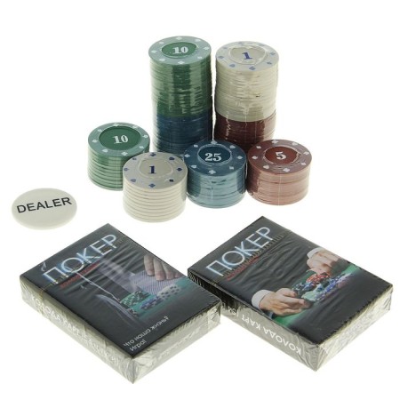 Poker, set for the game (maps 2 decks, chips 100 pcs.), With a face value, 20 x 20 cm-6