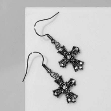 Earrings "Crosses" Flower, white color in black silver-1
