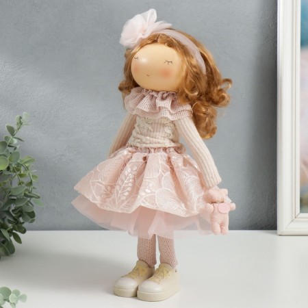 Interior doll "Baby Asya in pink, with a bear" 36x13x15.5 cm-5
