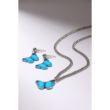 Set 2 objects: earrings, pendant coin -pendant pears, blue color in silver, 50 cm-4