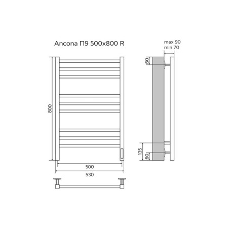 Electric heated towel rail Azario Ancona 500/800 square, 9 sections, Dimmer right, black 104-4