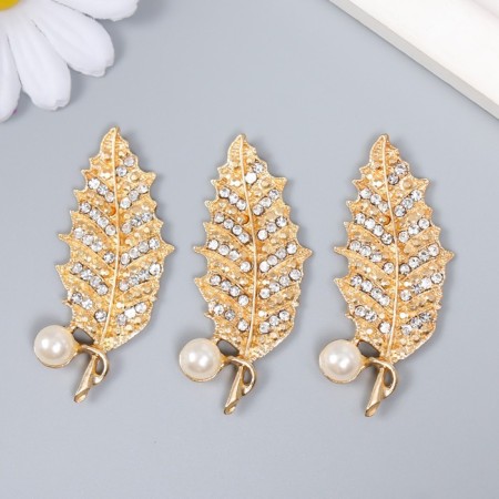 Decor for creativity Metal, plastic "Leaf with pearls and rhinestones" gold 5.5x2.2 cm-2