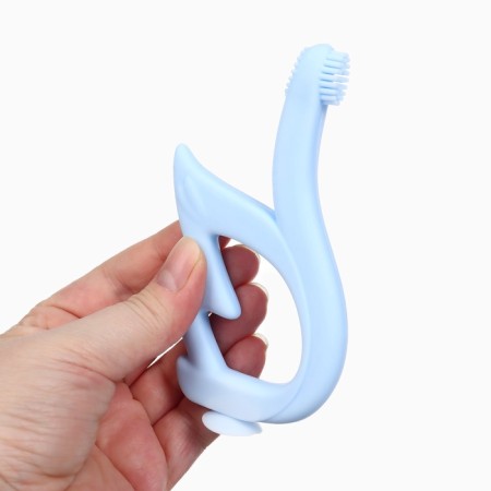 Silicone teething for teeth "Swan", brush, on suction cup, blue color, crumb I-7