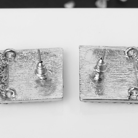 Hanging earrings with Hollywood rhinestones in a square, white color in silver, 9.5 cm-2