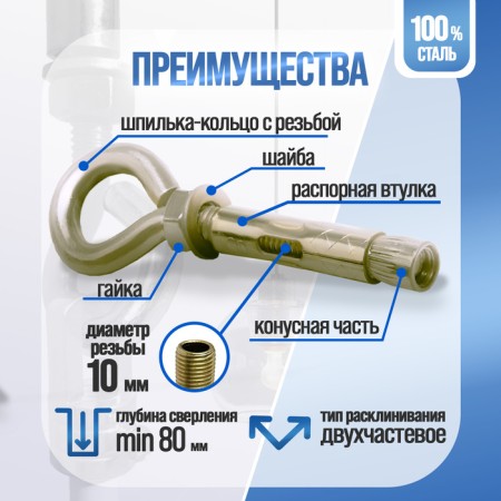 Tundra anchor bolt, with a ring, galvanized, 12x70 mm, 40 pcs-1