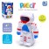 The robot is musical, light and sound effects, drives, white color