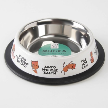 Metal bowl for a cat with a non -slip base “Where is my food?”, 235 ml, 15x3.5 cm-1